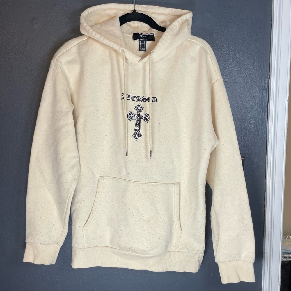 Forever 21 “Blessed” Cross Hoodie | Cream Streetwear Graphic (S)
